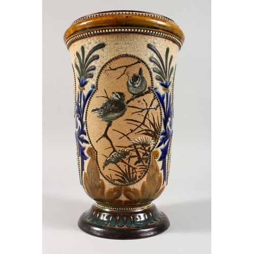 1078 - A SUPERB LARGE DOULTON LAMBETH STONEWARE VASE by FLORENCE E. BARLOW decorated with panels of birds. ... 