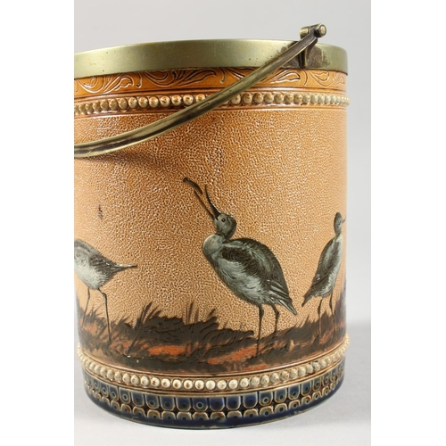 1080 - A GOOD DOULTON LAMBETH STONEWARE BISCUIT BARREL by FLORENCE E. BARLOW painted with birds. Maker F.E.... 