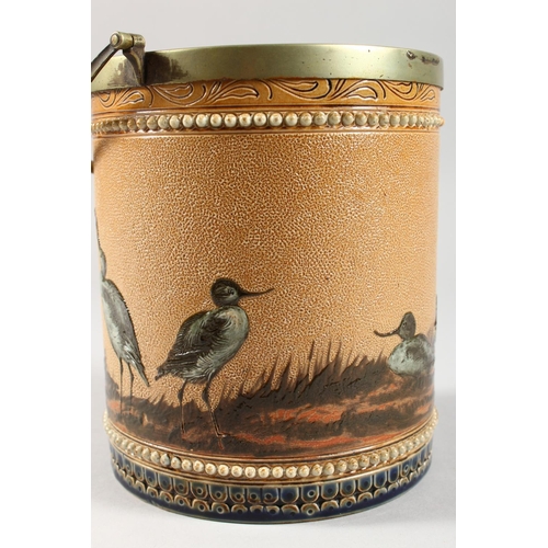 1080 - A GOOD DOULTON LAMBETH STONEWARE BISCUIT BARREL by FLORENCE E. BARLOW painted with birds. Maker F.E.... 