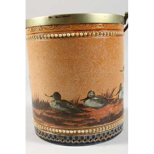 1080 - A GOOD DOULTON LAMBETH STONEWARE BISCUIT BARREL by FLORENCE E. BARLOW painted with birds. Maker F.E.... 