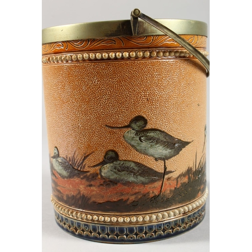 1080 - A GOOD DOULTON LAMBETH STONEWARE BISCUIT BARREL by FLORENCE E. BARLOW painted with birds. Maker F.E.... 