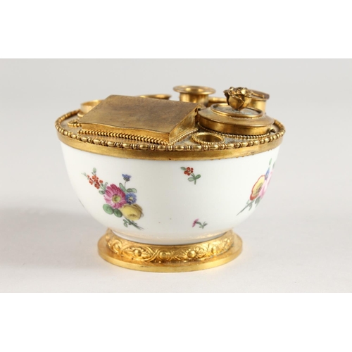 1105 - AN APPAY, PARIS PORCELAIN AND GILT CIRCULAR DESK TIDY, the porcelain painted with flowers. 4.25ins d... 