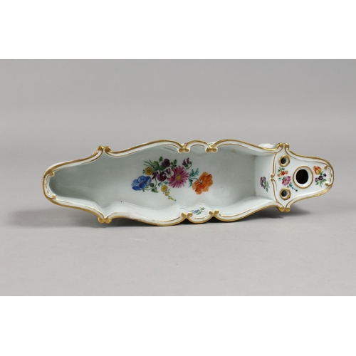 1139 - A RARE MEISSEN LONG INKWELL painted with flowers. Cross swords mark in blue.  10.75ins long.