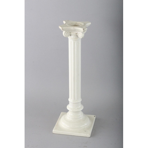 1157 - TWO CREAMWARE CORINTHIAN COLUMN CANDLESTICKS. 12ins high.