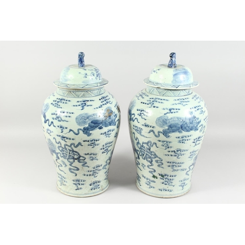 1161 - A PAIR OF 20TH CENTURY CHINESE BLUE AND WHITE BALUSTER SHAPE TEMPLE JARS AND COVERS, painted with li... 