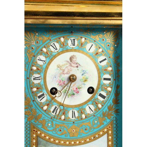 1166 - A SUPERB LARGE 19TH CENTURY FRENCH SEVRES MANTLE CLOCK, with superb painted Sevres porcelain panels,... 