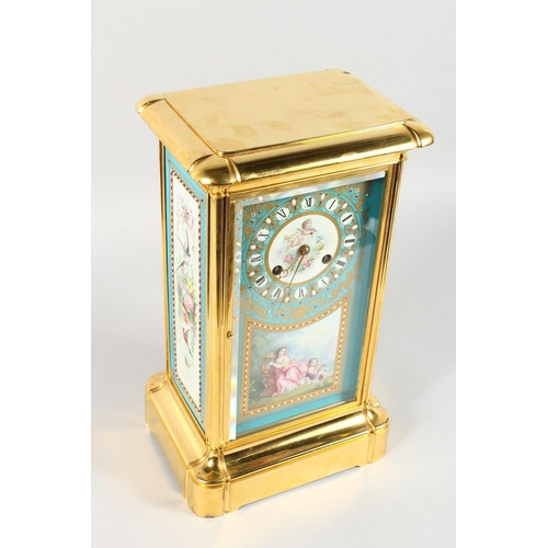 1166 - A SUPERB LARGE 19TH CENTURY FRENCH SEVRES MANTLE CLOCK, with superb painted Sevres porcelain panels,... 