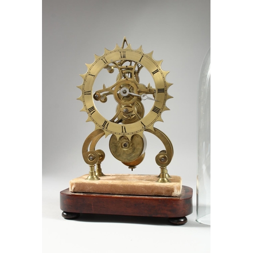 1168 - A 19TH CENTURY BRASS SKELETON CLOCK, eight-day movement, the cog shaped chapter ring with enamelled ... 