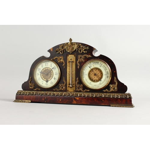 1175 - A VERY GOOD 19TH CENTURY FRENCH TORTOISESHELL CASE CLOCK, THERMOMETER AND BAROMETER, CIRCA. 1860. 15... 