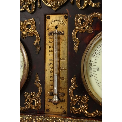 1175 - A VERY GOOD 19TH CENTURY FRENCH TORTOISESHELL CASE CLOCK, THERMOMETER AND BAROMETER, CIRCA. 1860. 15... 