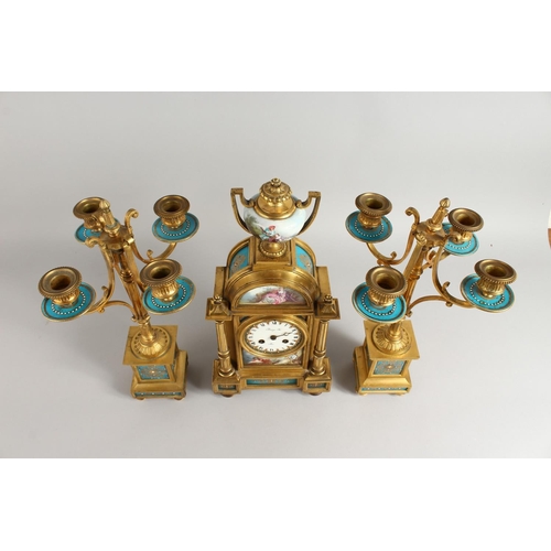 1178 - A SUPERB FRENCH 19TH CENTURY CLOCK GARNITURE by RAINGO FRES., PARIS, the clock striking on a single ... 