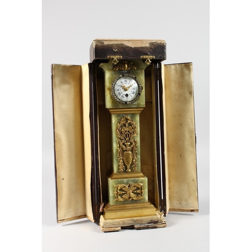 1183 - A SUPERB LOUIS XVI ONYX CASED MINIATURE LONGCASE CLOCK, with ormolu mounts, urns, etc., the movement... 