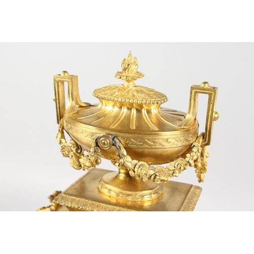 1184 - A VERY GOOD LOUIS XVI GILT ORMOLU MANTLE CLOCK, with white enamel dial, blue and white Roman numeral... 