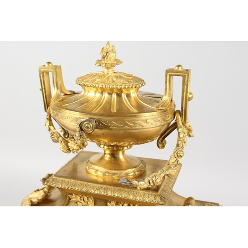 1184 - A VERY GOOD LOUIS XVI GILT ORMOLU MANTLE CLOCK, with white enamel dial, blue and white Roman numeral... 