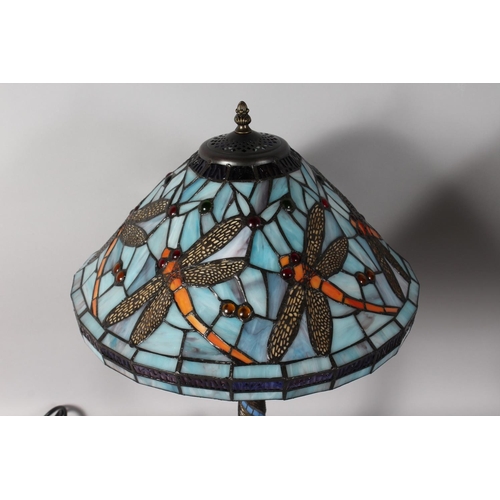 1329 - A GOOD PAIR OF TIFFANY DESIGN BLUE DRAGONFLY LAMPS. 22ins high.