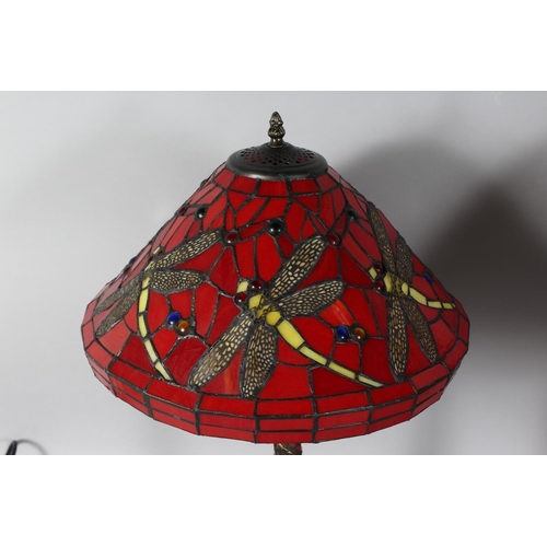 1330 - A GOOD PAIR OF TIFFANY DESIGN RED DRAGONFLY LAMPS. 22ins high.