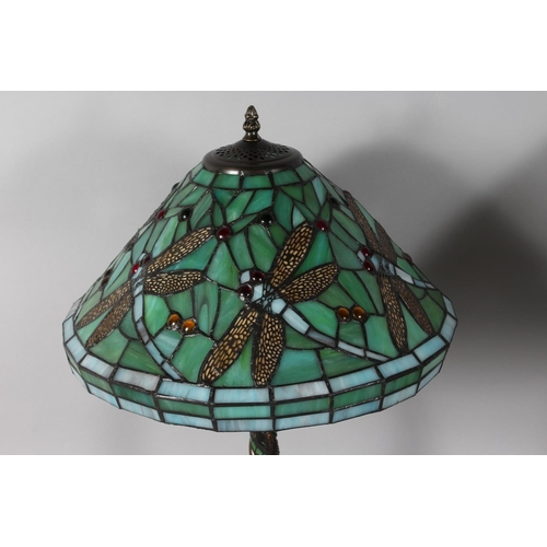 1331 - A GOOD PAIR OF TIFFANY DESIGN GREEN DRAGONFLY LAMPS. 22ins high.