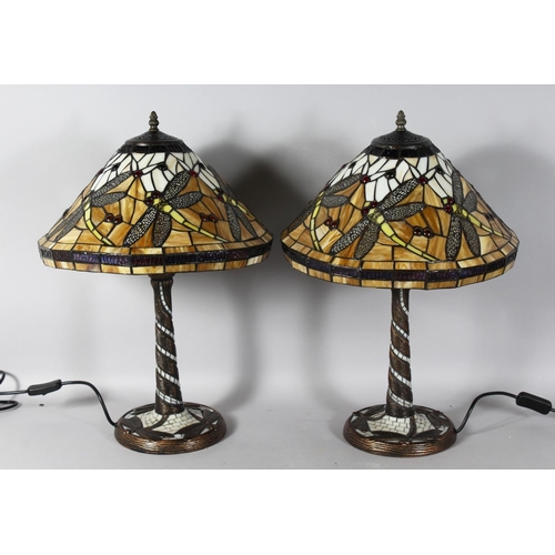 1332 - A GOOD PAIR OF TIFFANY DESIGN CREAM DRAGONFLY LAMPS. 22ins high.