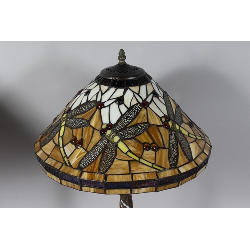 1332 - A GOOD PAIR OF TIFFANY DESIGN CREAM DRAGONFLY LAMPS. 22ins high.