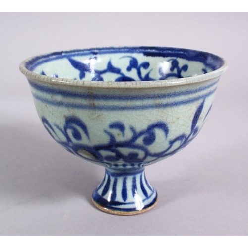 103 - A CHINESE BLUE & WHITE PORCELAIN STEM CUP - FOR THE ISLAMIC MARKET, decorated with scrolling flora w... 