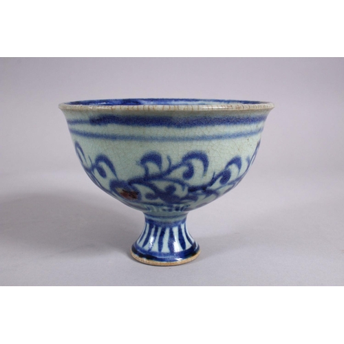 103 - A CHINESE BLUE & WHITE PORCELAIN STEM CUP - FOR THE ISLAMIC MARKET, decorated with scrolling flora w... 