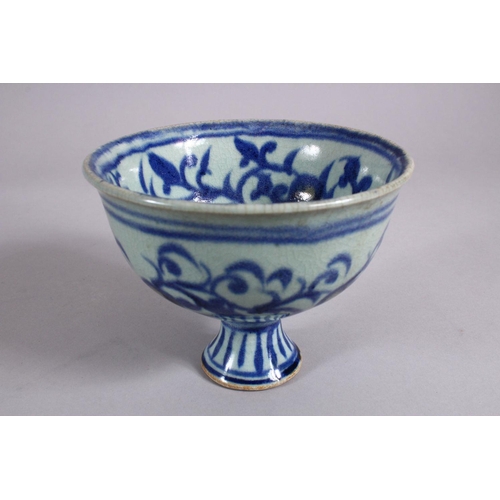 103 - A CHINESE BLUE & WHITE PORCELAIN STEM CUP - FOR THE ISLAMIC MARKET, decorated with scrolling flora w... 