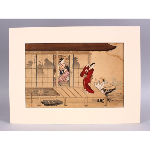 111 - A JAPANESE WOOD BLOCK PRINT PICTURE OF FIGURES ON BALCONY SETTINGS, artist seal and signed, possibly... 