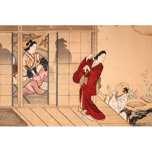 111 - A JAPANESE WOOD BLOCK PRINT PICTURE OF FIGURES ON BALCONY SETTINGS, artist seal and signed, possibly... 