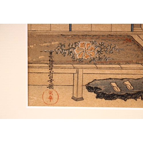 111 - A JAPANESE WOOD BLOCK PRINT PICTURE OF FIGURES ON BALCONY SETTINGS, artist seal and signed, possibly... 