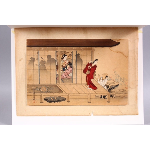 111 - A JAPANESE WOOD BLOCK PRINT PICTURE OF FIGURES ON BALCONY SETTINGS, artist seal and signed, possibly... 