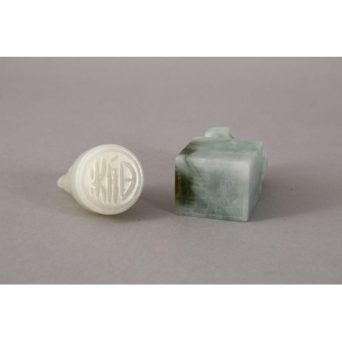 116 - TWO 19TH / 20TH CENTURY CHINESE CARVED JADE / JADEITE SEALS, one white jade depicting a kylin, the u... 