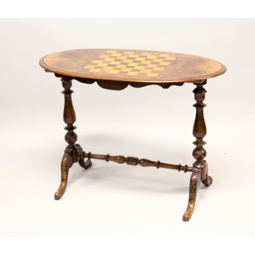 1035 - A VICTORIAN BURR WALNUT OVAL STRETCHER TABLE, the top inlaid with a games board. 3ft 1.5ins long x 1... 