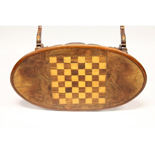 1035 - A VICTORIAN BURR WALNUT OVAL STRETCHER TABLE, the top inlaid with a games board. 3ft 1.5ins long x 1... 