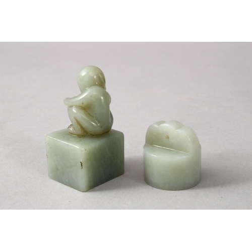 118 - TWO GOOD CHINESE CARVED JADE SEALS, one depicting a monkey crouched amongst his nut, the base carved... 