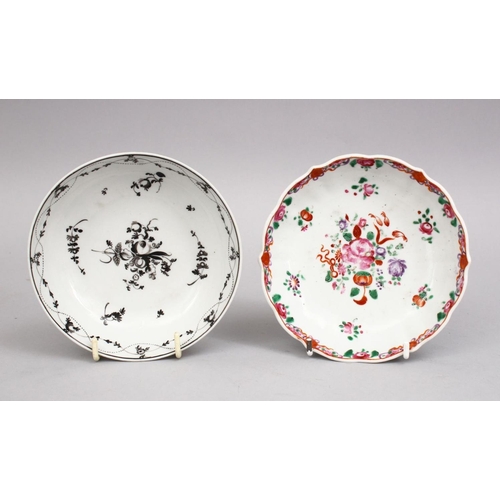 121 - TWO 18TH CENTURY CHINESE PORCELAIN SAUCERS, One decorated in famille rose, the other grisaille, 12.5... 