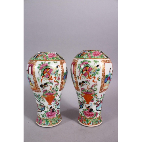 129 - A PAIR OF 19TH CENTURY CHINESE FAMILLE ROSE CANTON PORCELAIN MEIPING VASES, each decorated with pane... 