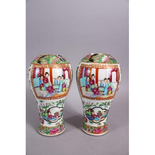 129 - A PAIR OF 19TH CENTURY CHINESE FAMILLE ROSE CANTON PORCELAIN MEIPING VASES, each decorated with pane... 