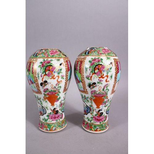 129 - A PAIR OF 19TH CENTURY CHINESE FAMILLE ROSE CANTON PORCELAIN MEIPING VASES, each decorated with pane... 