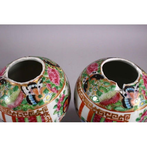 129 - A PAIR OF 19TH CENTURY CHINESE FAMILLE ROSE CANTON PORCELAIN MEIPING VASES, each decorated with pane... 