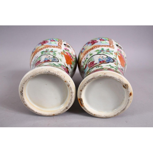 129 - A PAIR OF 19TH CENTURY CHINESE FAMILLE ROSE CANTON PORCELAIN MEIPING VASES, each decorated with pane... 