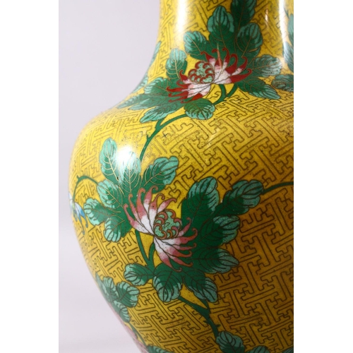 130 - A PAIR OF CHINESE CLOISONNE VASES, with yellow ground and lotus flowers, converted into lamps, 47cm ... 