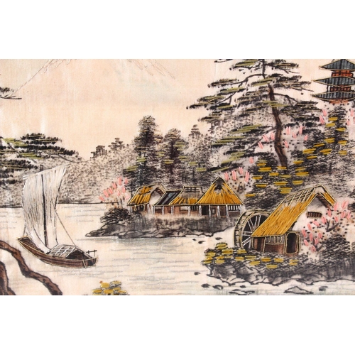 131 - A CHINESE NEEDLEWORK PICTURE, river scene with a junk and buildings, framed and glazed, image 28cm x... 