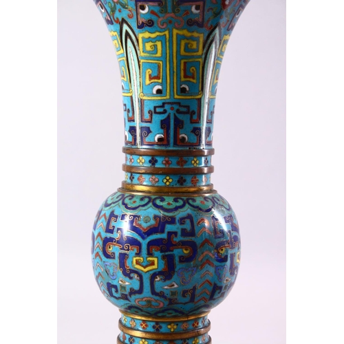 133 - A GOOD PAIR OF 19TH CENTURY CHINESE CLOISONNE GU FORM VASES, on pale blue ground with stylised motif... 