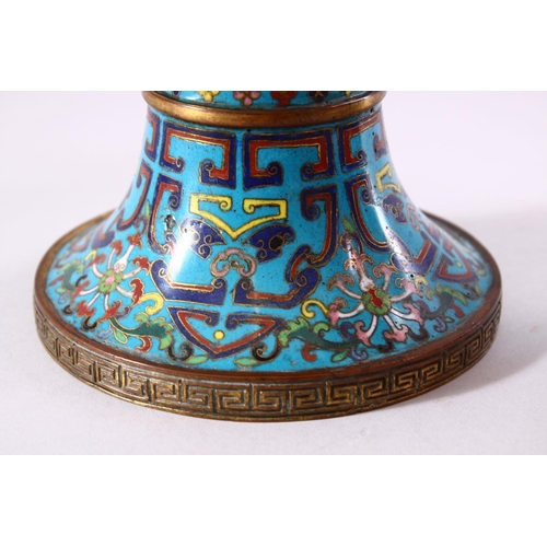 133 - A GOOD PAIR OF 19TH CENTURY CHINESE CLOISONNE GU FORM VASES, on pale blue ground with stylised motif... 