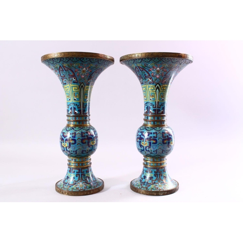 133 - A GOOD PAIR OF 19TH CENTURY CHINESE CLOISONNE GU FORM VASES, on pale blue ground with stylised motif... 