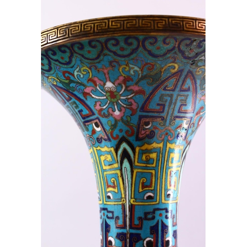 133 - A GOOD PAIR OF 19TH CENTURY CHINESE CLOISONNE GU FORM VASES, on pale blue ground with stylised motif... 