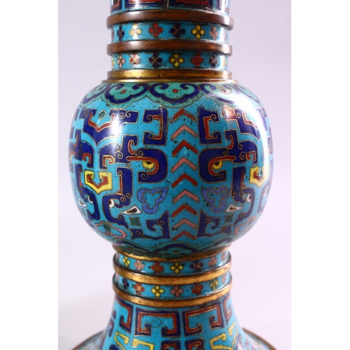 133 - A GOOD PAIR OF 19TH CENTURY CHINESE CLOISONNE GU FORM VASES, on pale blue ground with stylised motif... 