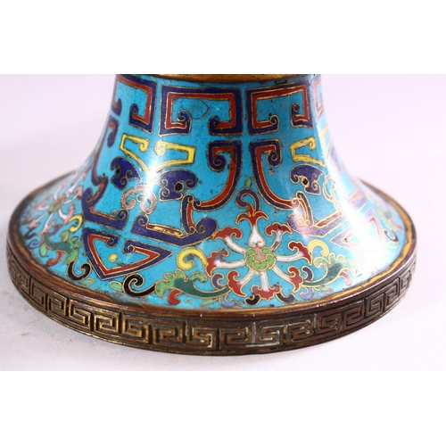 133 - A GOOD PAIR OF 19TH CENTURY CHINESE CLOISONNE GU FORM VASES, on pale blue ground with stylised motif... 