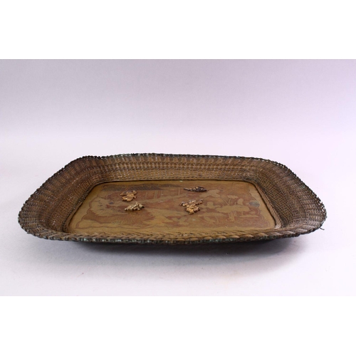 135 - AN EARLY 20TH CENTURY JAPANESE MIXED METAL TRAY, etched with a landscape and temples with figural mo... 