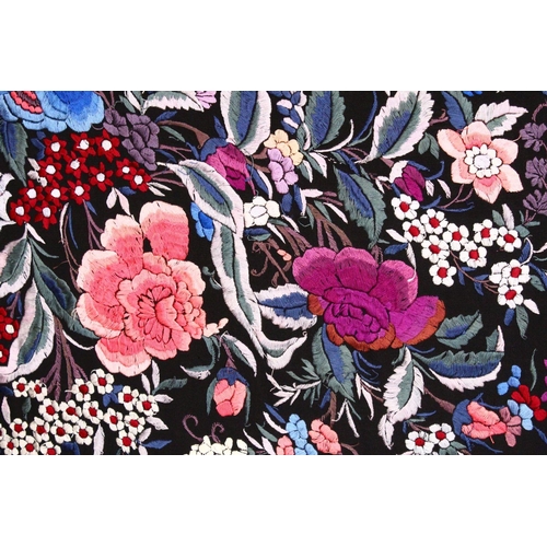 137 - A 20TH CENTURY CHINESE EMBROIDERED BLACK SILK PIANO SHAWL / TEXTILE, with floral embroidery and lace... 